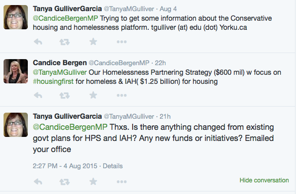 Candice Bergen account ‏@CandiceBergenMP: @TanyaMGulliver Our Homelessness Partnering Strategy ($600 mil) w focus on #housingfirst for homeless & IAH( $1.25 billion) for housing