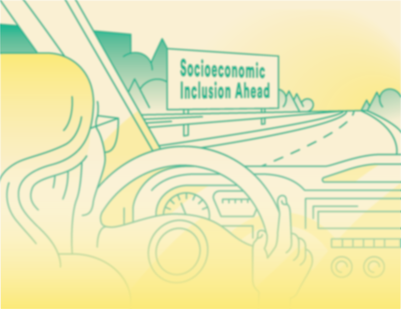 Graphic of a young person drive a car with a billboard in the distance reading "social inclusion ahead".