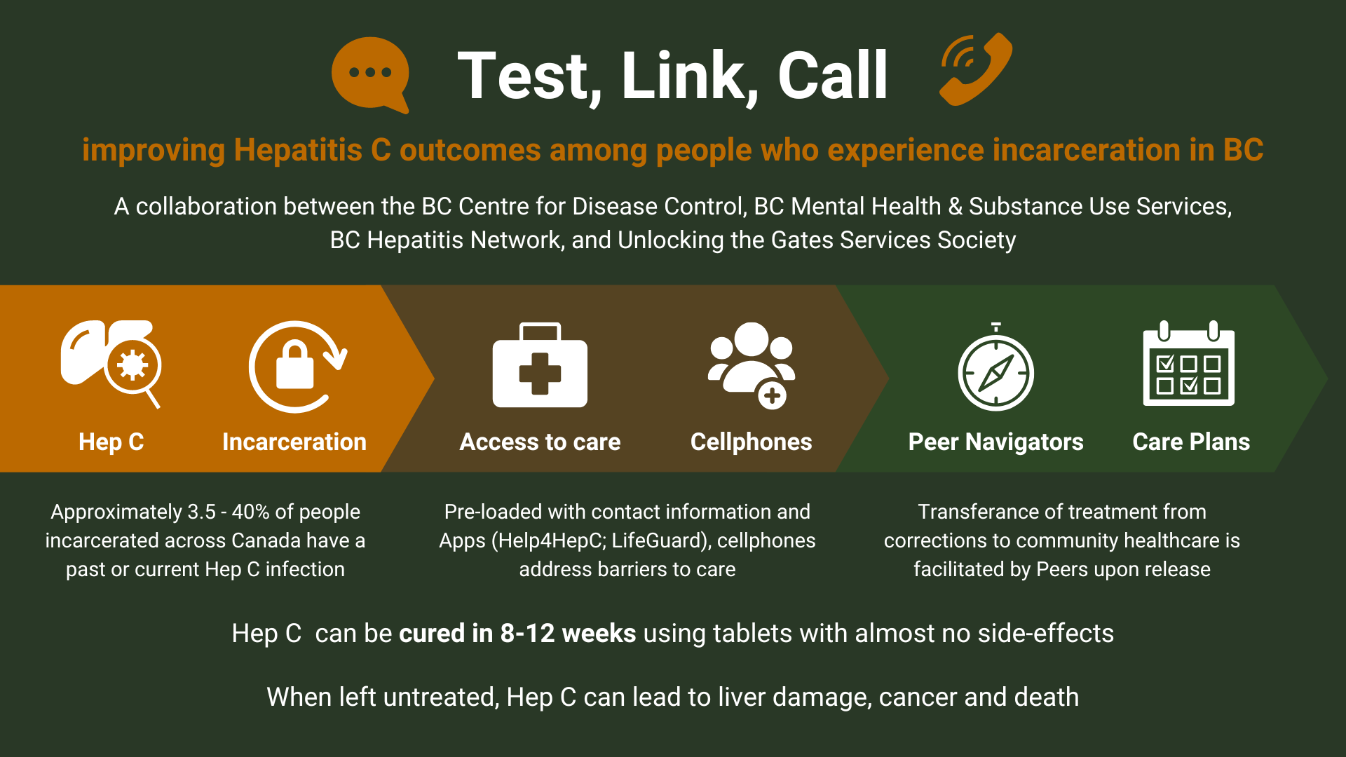 An infographic providing an overview of the Test, Link, Call project. The graphic begins with the project title and followed by “improving Hepatitis C outcome among people who experience incarceration in BC” in orange. The rest of the graphic’s text is in